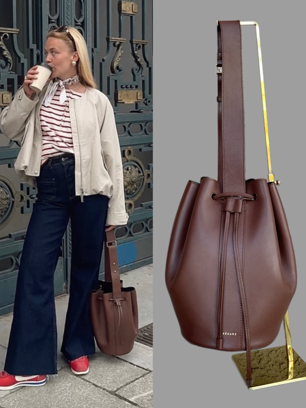 SEZANE Chocolate Brown Smooth Leather RARE Marcel Bucket Bag Shoulder Bag
